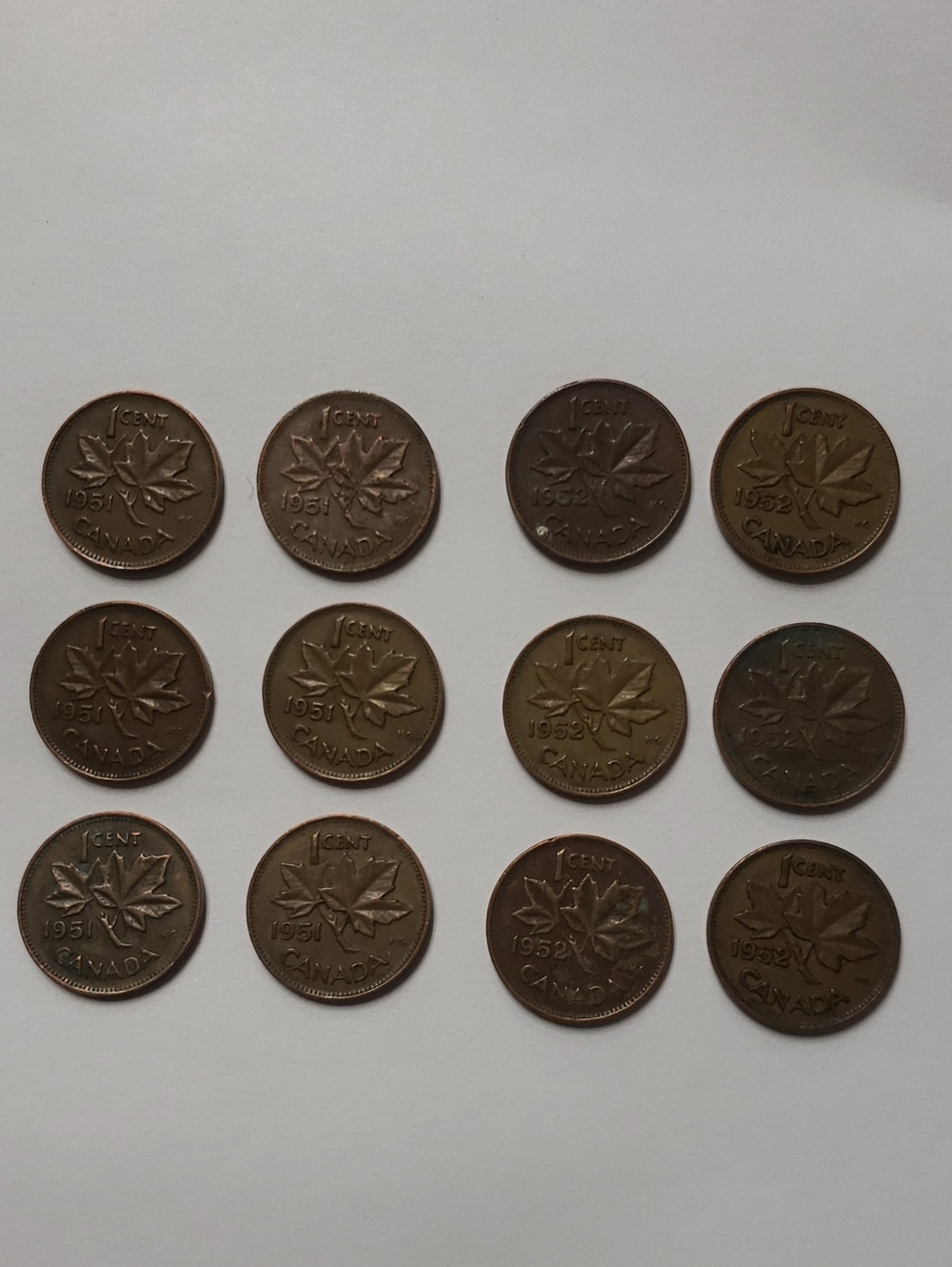 1951 - 1952 Vintage Canadian One Cent Coin Collection - Set Of 12